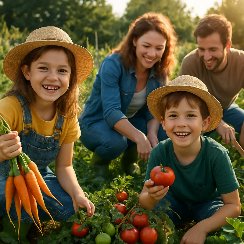 Gezin met kinderen werkt samen in een moestuin met groente en fruit