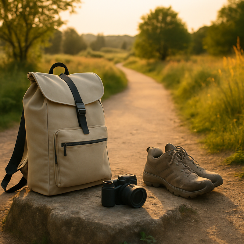 Lichte rugzak, wandel schoenen en compacte camera op rots langs een rustig wandelpad in de natuur.