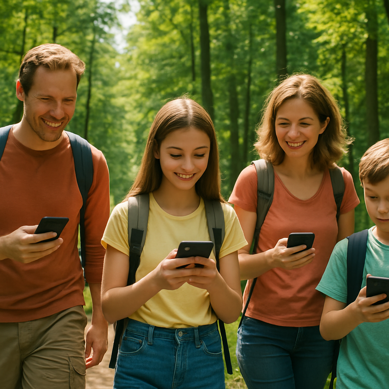 Nederlandse familie wandelt in bos en gebruikt smartphone voor social media tips