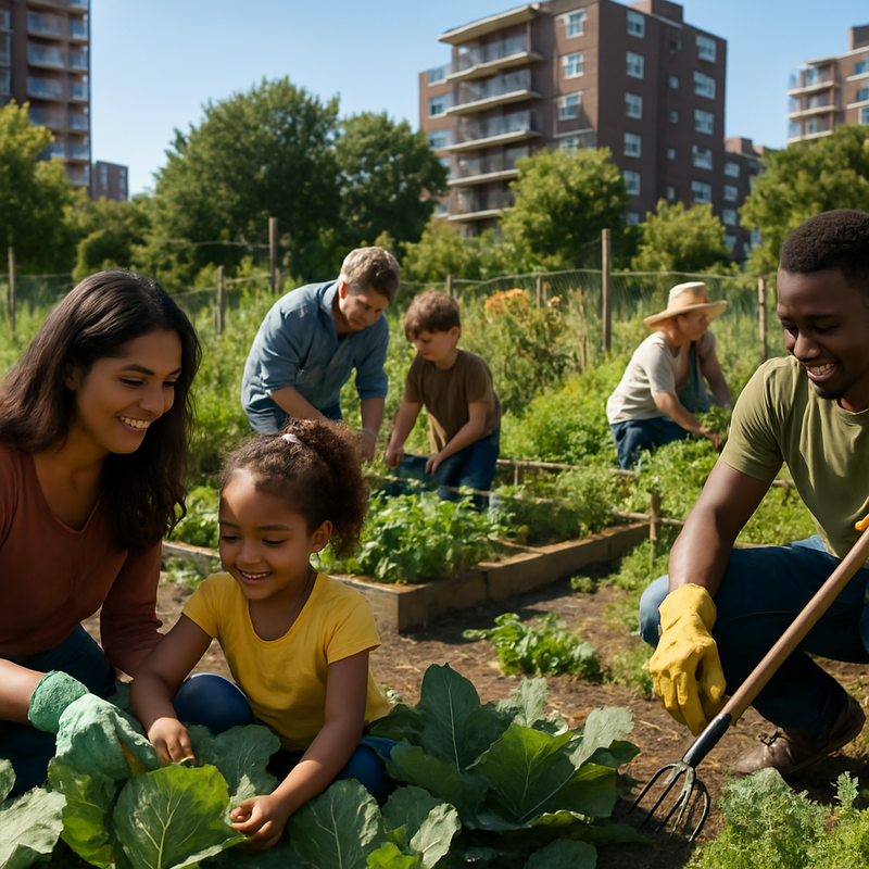 Gezinnen tuinieren samen in een groene stadstuin met planten en bloemen op een zonnige dag