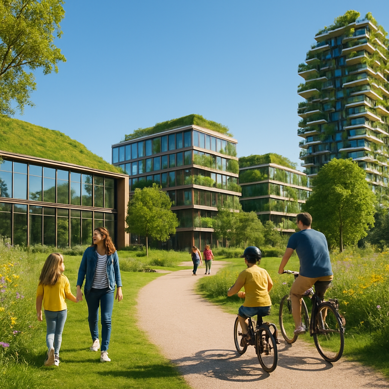 Groen stadspark met wandelende gezinnen en duurzame nieuwbouw met groene gevels