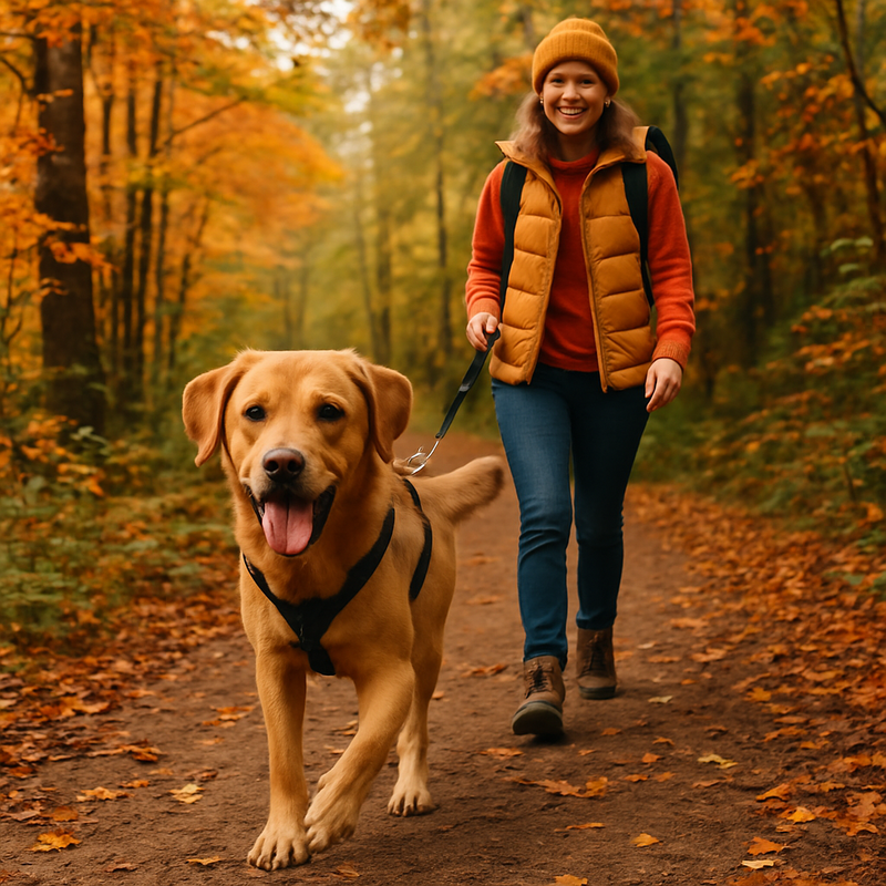 Hond en eigenaar wandelen samen op een bospaadje in Nederland in de herfst