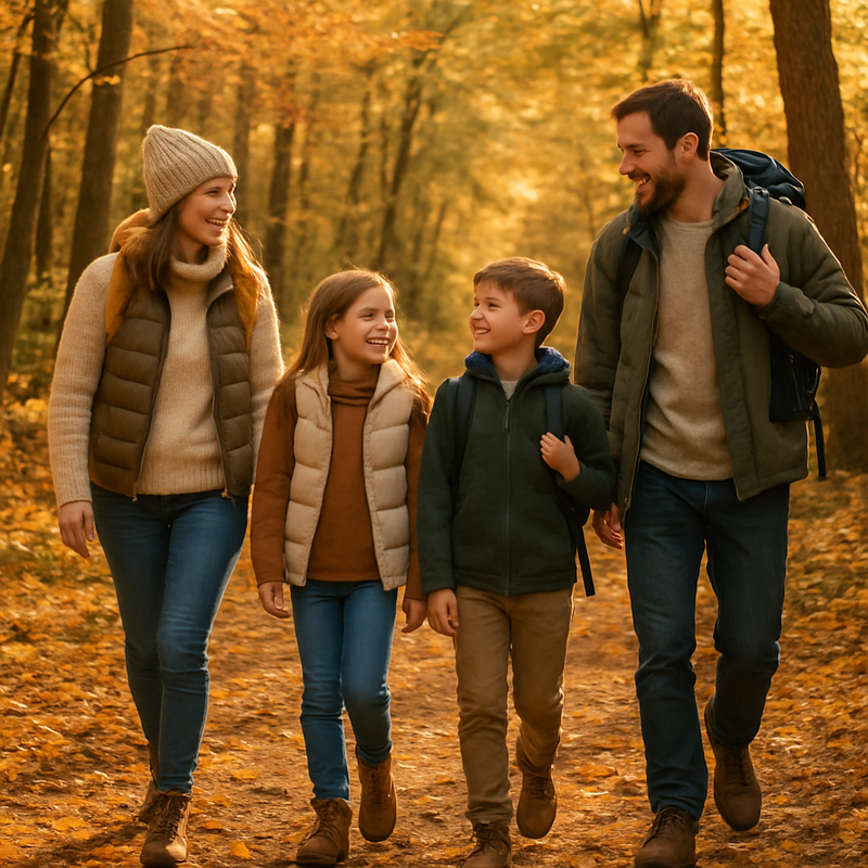 Familie wandelt op herfstpad met gouden bladeren in Nederlandse natuur