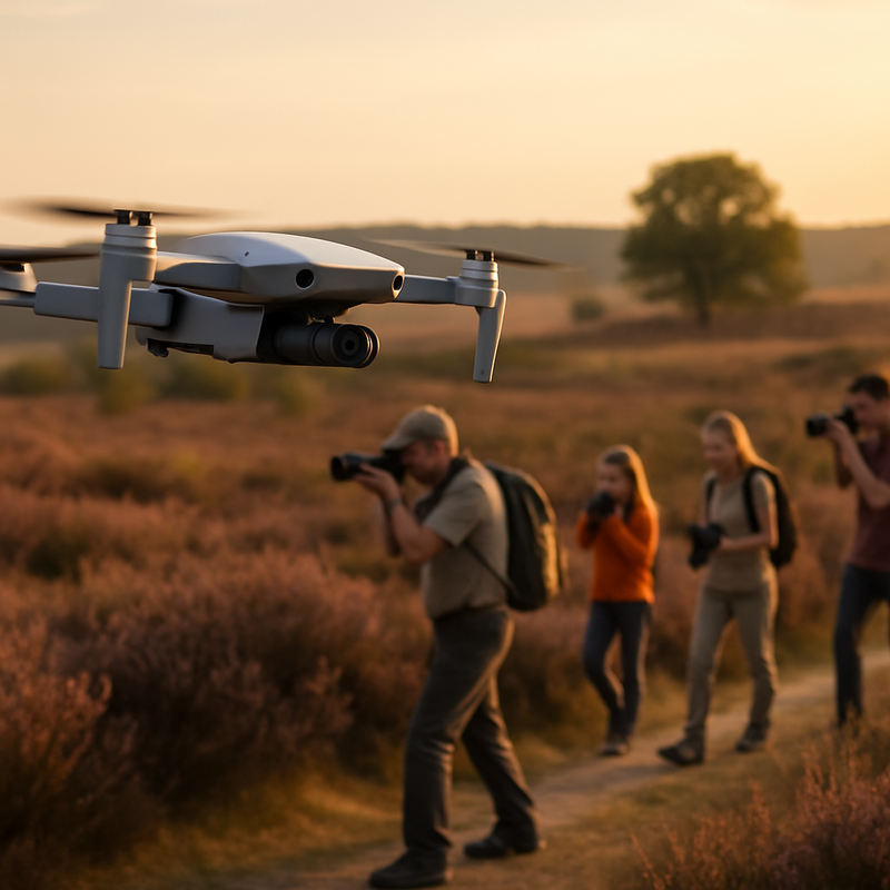 Drone vliegend boven Nederlandse heide met wandelaars en natuurfotografie met telelenzen.