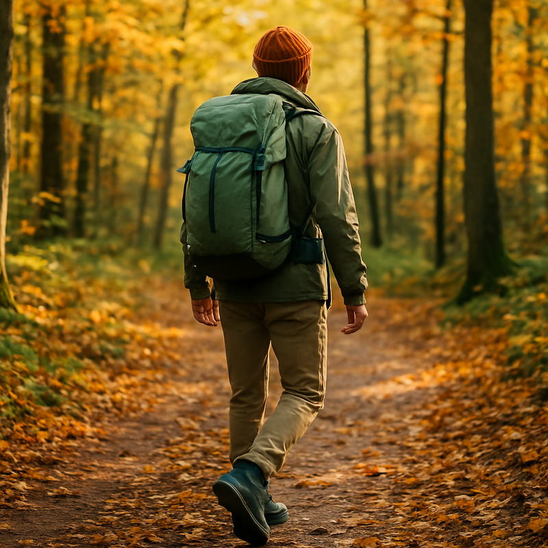 Hiker in Dutch forest wearing eco-friendly gear with lightweight backpack and durable shoes