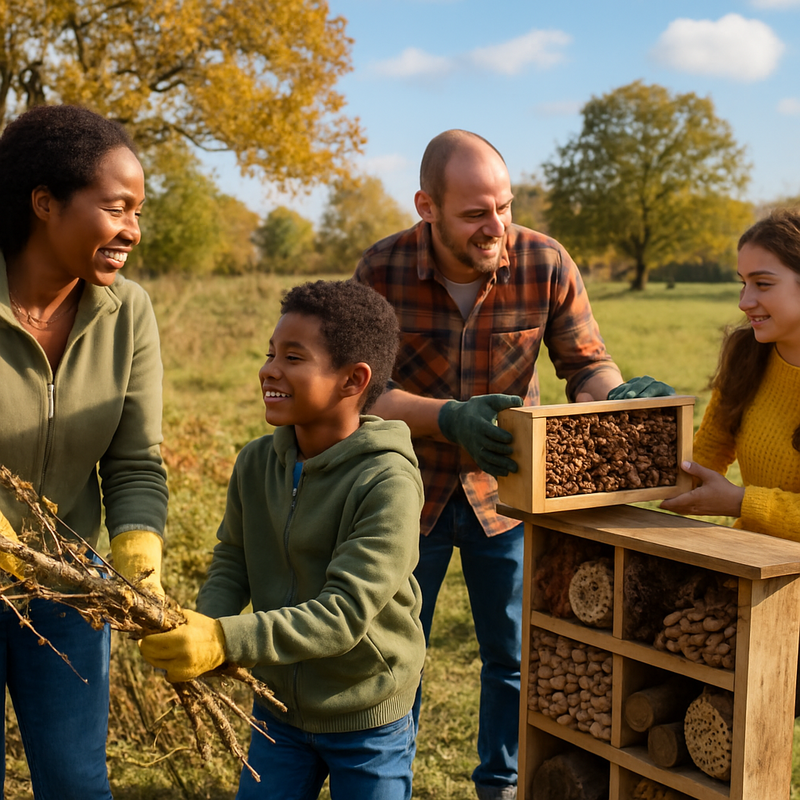 Gezin vrijwilligers werken in Nederlandse natuur tijdens herfst Natuurwerkdag