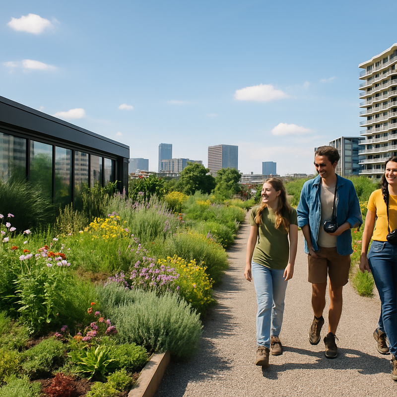 Groene circulaire daktuin met inheemse planten en stadsbewoners die wandelen en fotograferen