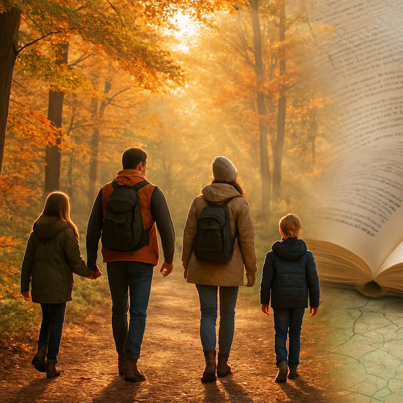 Gezin wandelt in bosrijke omgeving met digitale kaarten en boekillustraties over landschappen