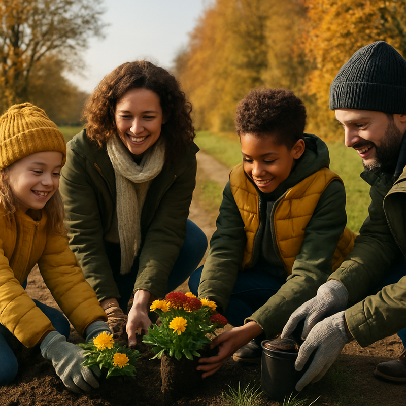 Gezin plant bloembollen langs wandelpad in Nederland met herfstkleuren