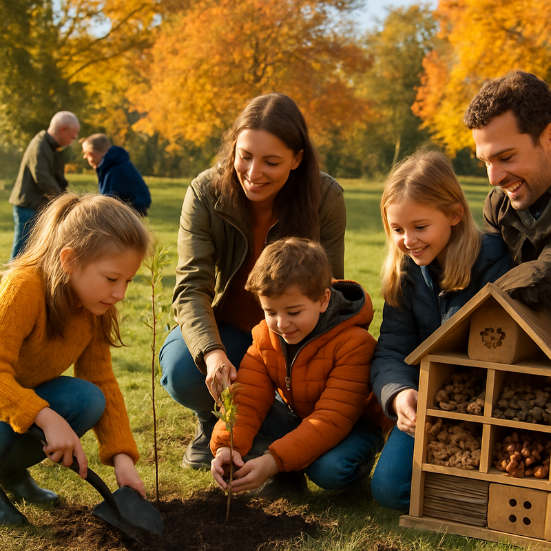 Kinderen en gezinnen die bomen planten en insectenhotels bouwen tijdens de Nationale Natuurwerkdagen in Nederland