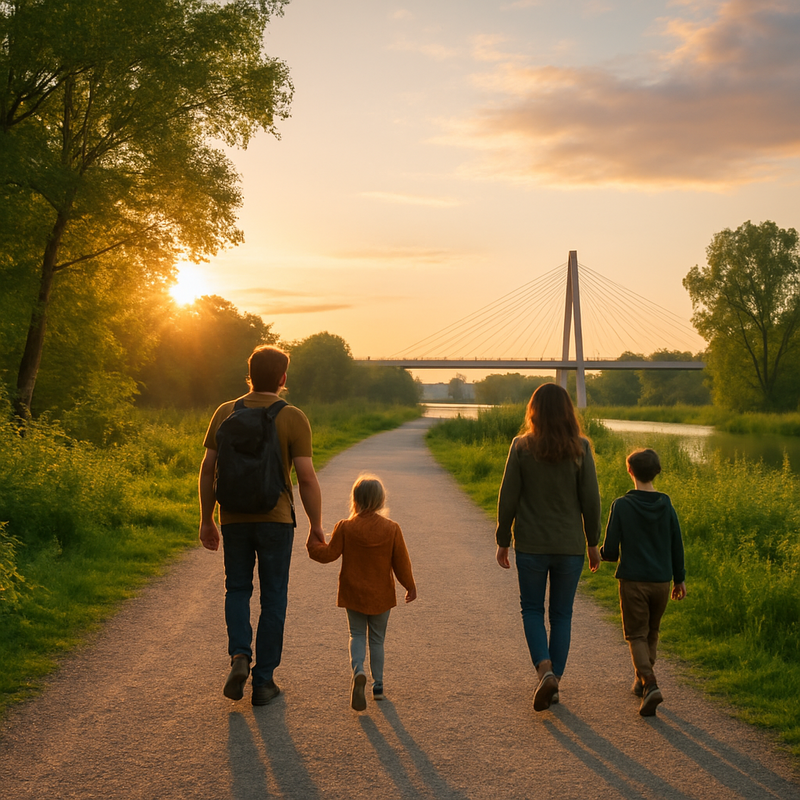 Gezin wandelt over natuurboulevard met groene bomen en brug in Flevoland bij zonsondergang.