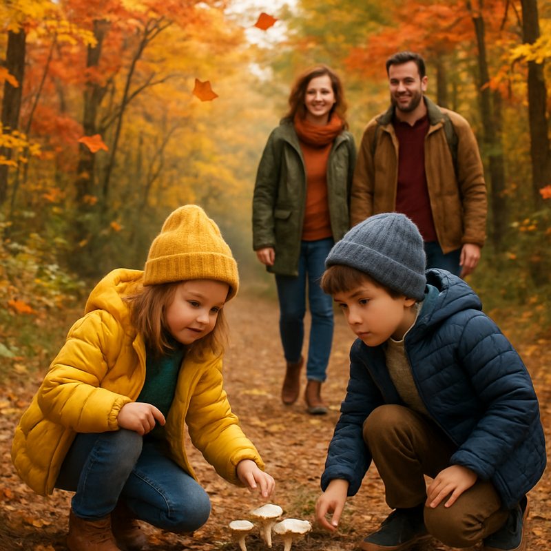 Familie wandelt met kinderen in herfstbos met kleurrijke bladeren en paddenstoelen