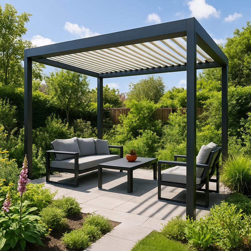 Tuin met aluminium tuinmeubels en inheemse planten onder een pergola met verstelbaar dak
