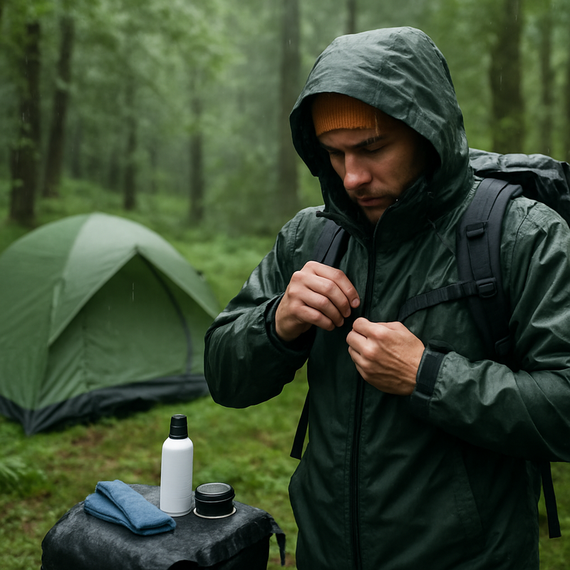Hiker in waterproof jacket repairing gear under rain in Dutch forest