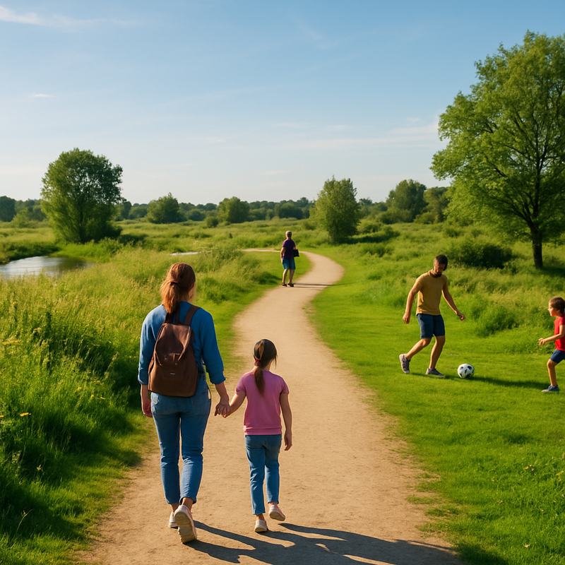 Gezinnen wandelen op een pad in een nieuw natuurgebied in Nederland, omgeven door groen en blauwe lucht.