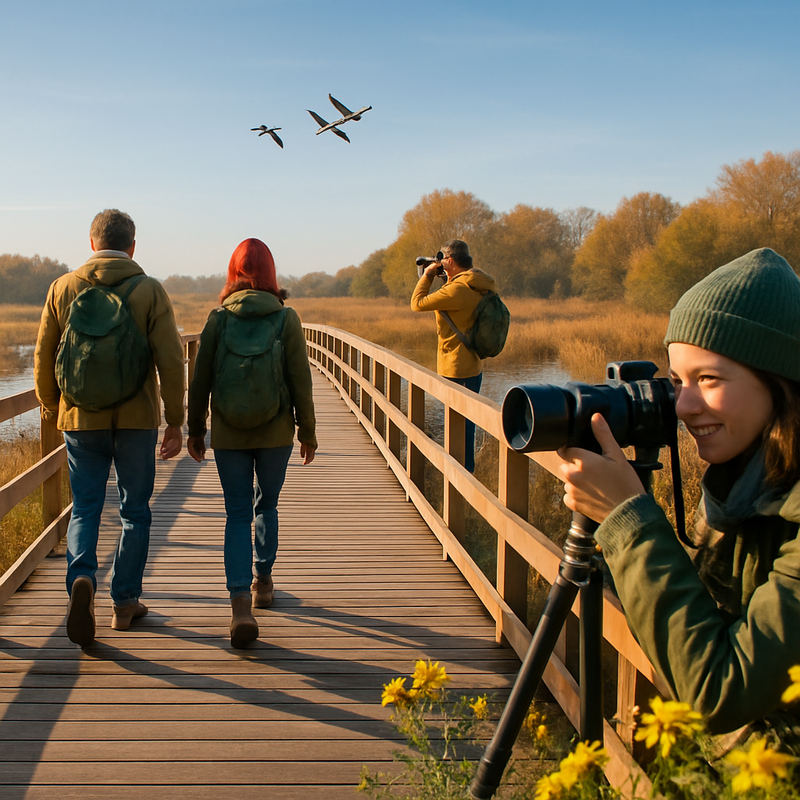 Wandelaars en natuurfotografen op houten brug over moerasgebied bij Oostvaardersplassen in Nederland