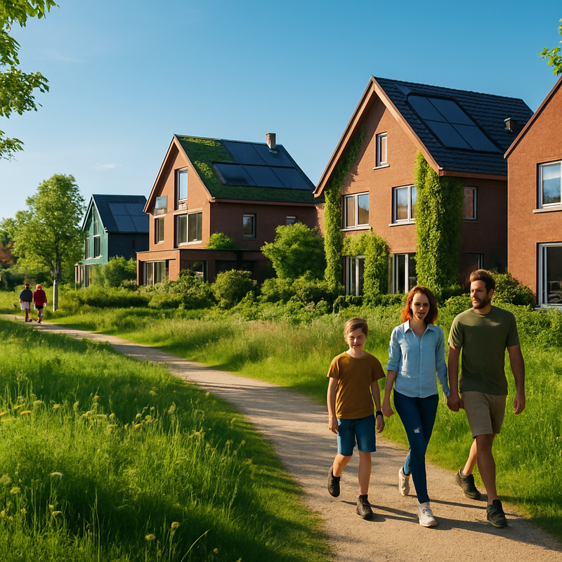 Moderne Nederlandse woonwijk met natuurinclusieve architectuur, groene parken en wandelaars.