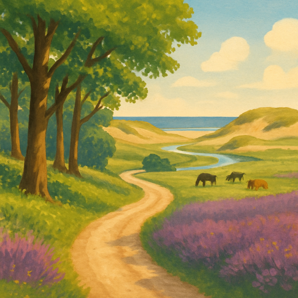 Een serene illustratie van een kronkelend wandelpad dat door verschillende Nederlandse landschappen leidt, waaronder een beukenbos, paarse heidevelden, zandduinen en een rivier met grazende koeien onder een heldere lucht.