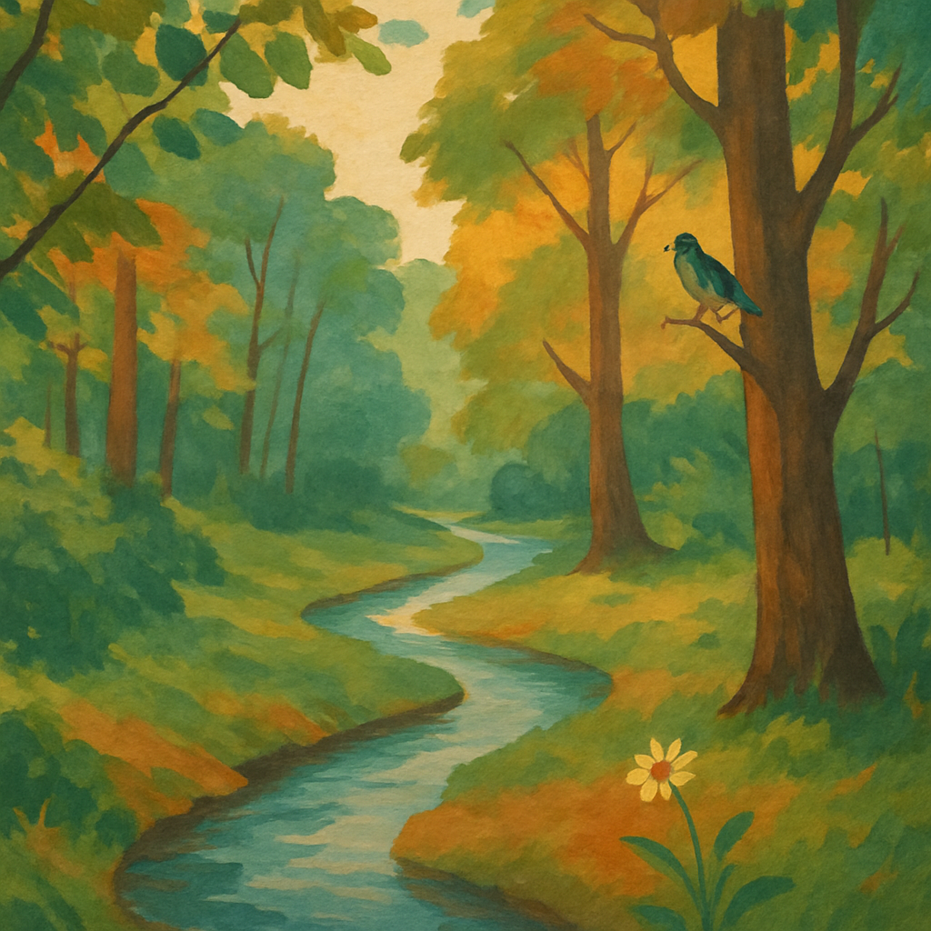 Een gedetailleerde illustratie van een weelderig bos, waarbij een pad of waterloop de kijker door het beeld leidt. Bladeren van bomen dienen als natuurlijk kader, en in de voorgrond staat een kleurrijke wilde bloem, geplaatst volgens de regel van derden. De illustratie benadrukt diepte en de ongerepte schoonheid van de natuur.