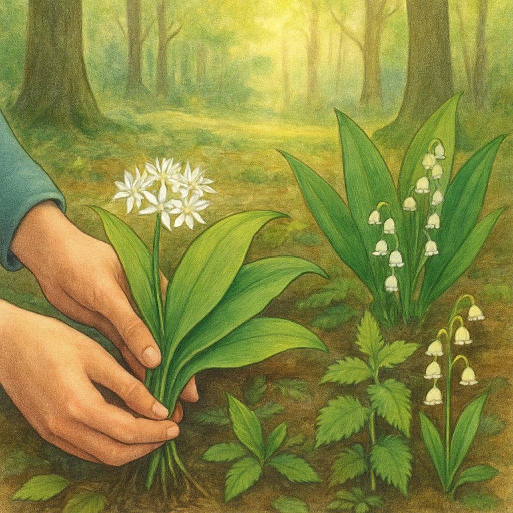 Een kleurrijke tekening van een serene bosbodem in de lente, waar handen voorzichtig daslookbladeren plukken. Duidelijk zichtbaar ernaast staan lelietje-van-dalen, met hun kenmerkende bladeren en bloemen, ter illustratie van de noodzaak tot nauwkeurige identificatie.