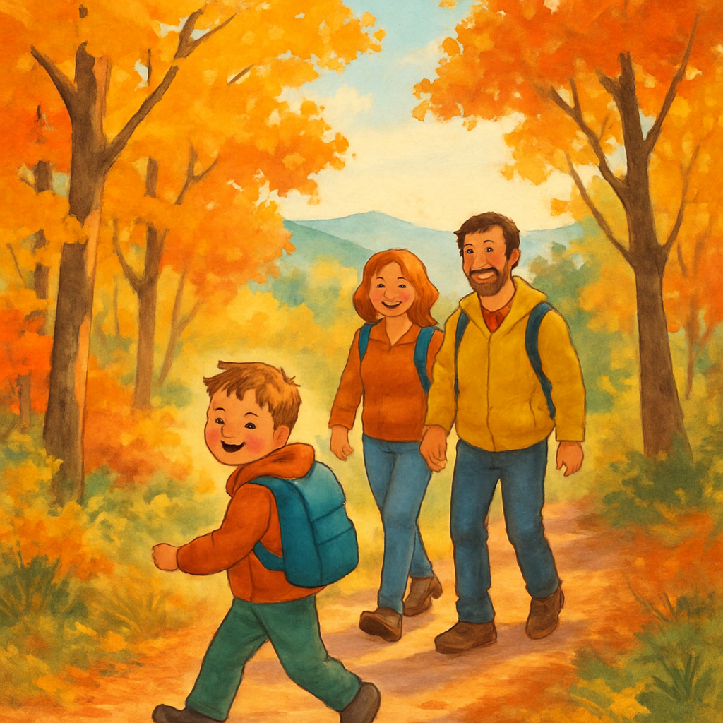 Een kleurrijke illustratie van twee volwassenen en een kind die glimlachend wandelen op een pad in een herfstbos. De bladeren van de bomen zijn goudgeel en oranje, en de zon schijnt door de takken.