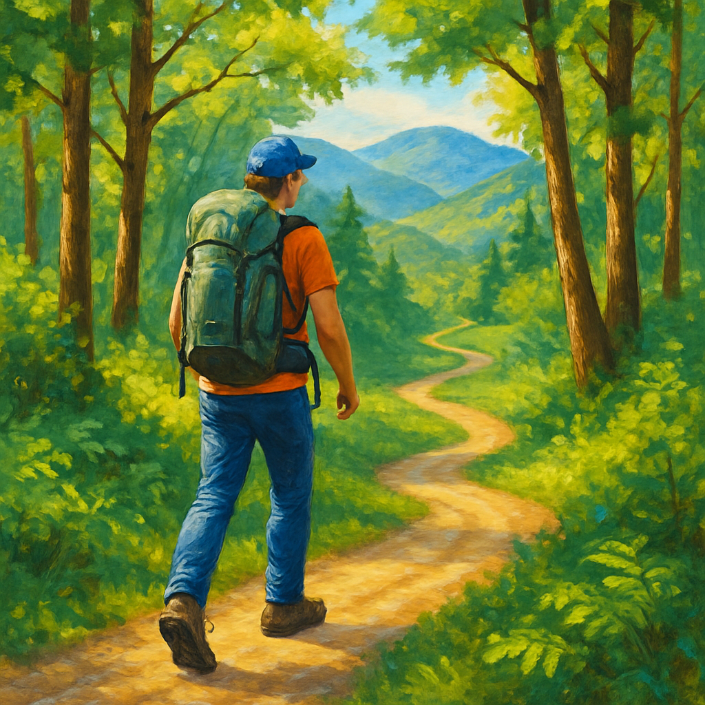 Een persoon wandelt op een glooiend pad door een dicht bos, met zonnestralen die door de bladeren prikken. De wandelaar draagt ademende kleding en een rugzak, symboliserend de fysieke voordelen van buitenactiviteiten.