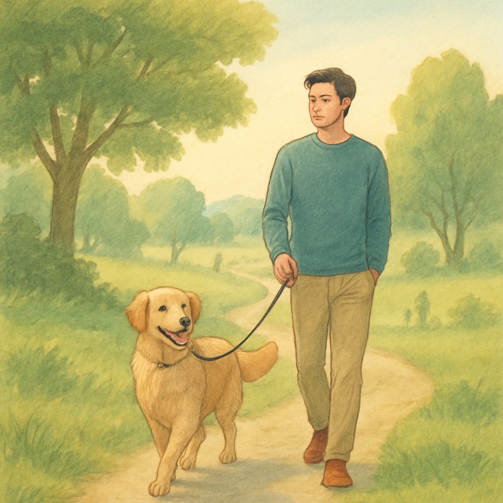 Een serene, kleurrijke tekening van een man die rustig wandelt met zijn hond aan een losse lijn op een kronkelend pad door een natuurlijke omgeving met bomen en velden. De hond kijkt ontspannen naar voren en de man heeft een kalme houding.