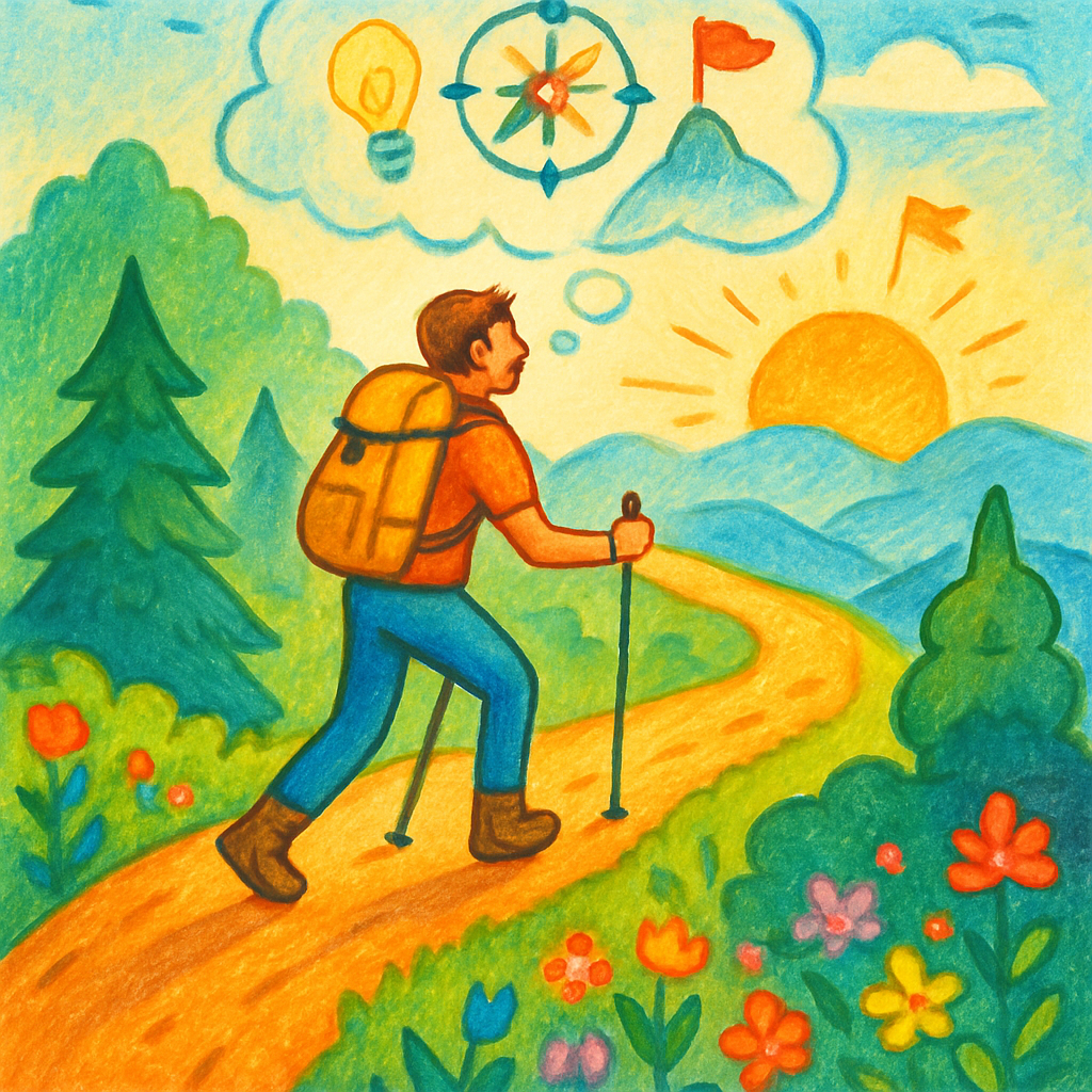 Een kleurrijke tekening van een vrolijke wandelaar op een bergpad, kijkend naar de verre horizon, met abstracte symbolen voor reflectie en nieuwe doelen in de lucht.