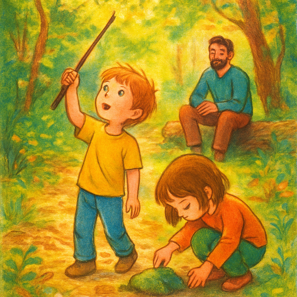 Een illustratie van een zonovergoten bos met twee jonge kinderen die avontuurlijk spelen. Eén kind zwaait met een stok als een zwaard, kijkend naar de zon die door de bladeren schijnt, terwijl het andere kind hurkt om een groene mosplek te bewonderen. Een volwassene zit rustig op een boomstam op de achtergrond, genietend van het moment.