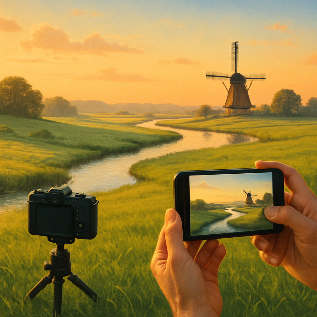 Een tekening van een idyllisch polderlandschap bij zonsondergang, met op de voorgrond een smartphone en een digitale camera op een statief die beide het uitzicht vastleggen.