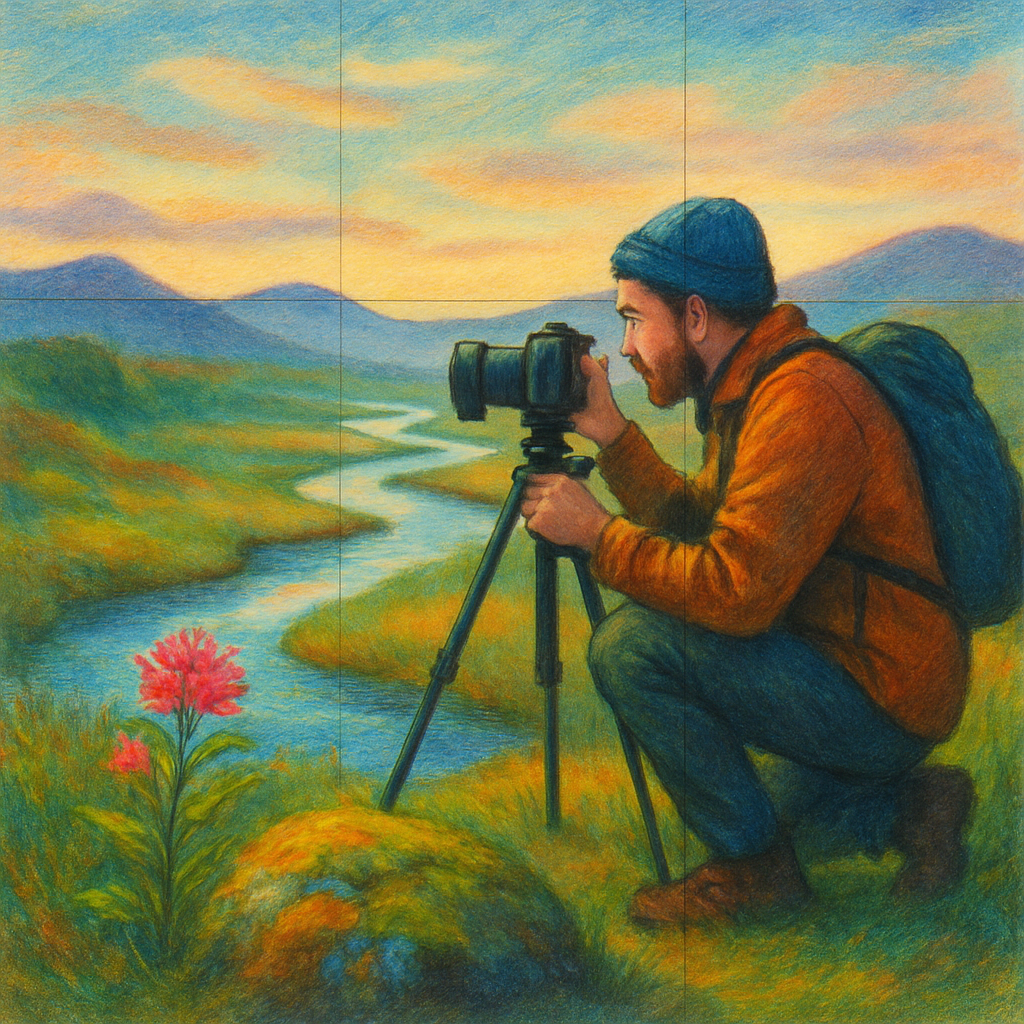 Een kleurrijke tekening van een fotograaf die een camera op een statief instelt in een rustig landschap. De compositie omvat een kronkelende rivier als leidende lijn, een bloem op de voorgrond en glooiende heuvels in de verte, met subtiele rasterlijnen die de regel van derden suggereren.