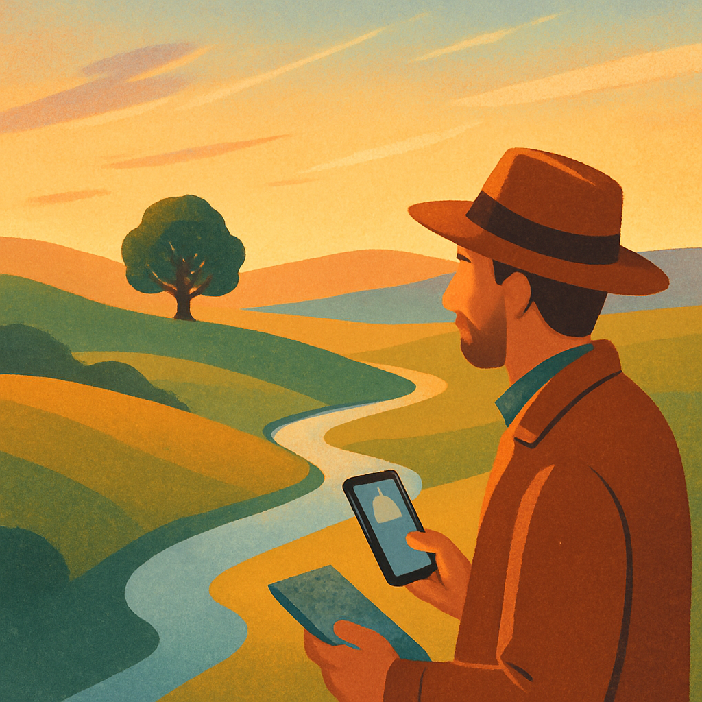 Een illustratie van een fotograaf die tijdens de zonsopgang of zonsondergang (gouden uur) een landschap observeert. De zon werpt een warme gloed over heuvels, een kronkelende rivier en een opvallende boom. De fotograaf, gekleed in een hoed, overweegt de compositie. De lucht is oranje-blauw met bewegende wolken.