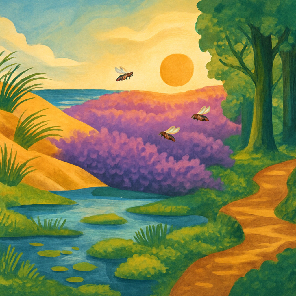 Een artistieke, kleurrijke illustratie die de diversiteit van Nederlandse landschappen toont: links golvende zandduinen met helmgras, in het midden een paarse heide met bijen, rechts hoge, oude bomen van een bos, en op de voorgrond een rustig veengebied met waterplanten.