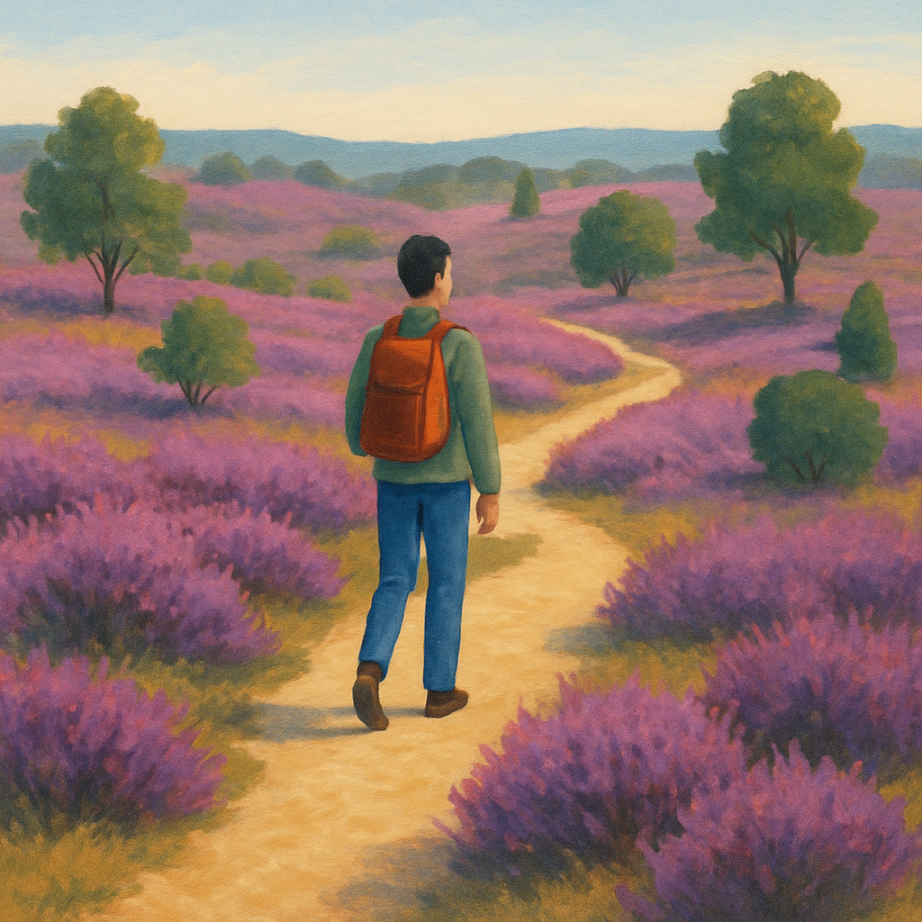 Een kleurrijke illustratie van een persoon die rustig wandelt op een zanderig pad door een paarse heide met enkele bomen, onder een heldere hemel, wat mentale rust uitbeeldt.