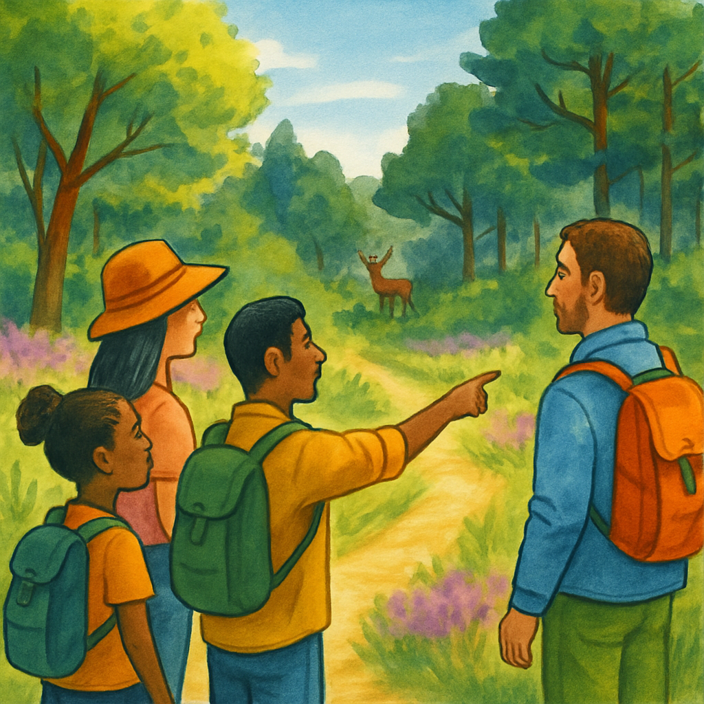 Illustratie van mensen die rustig en respectvol op een pad lopen in een nationaal park, genietend van de natuur en op afstand wilde dieren observeren.