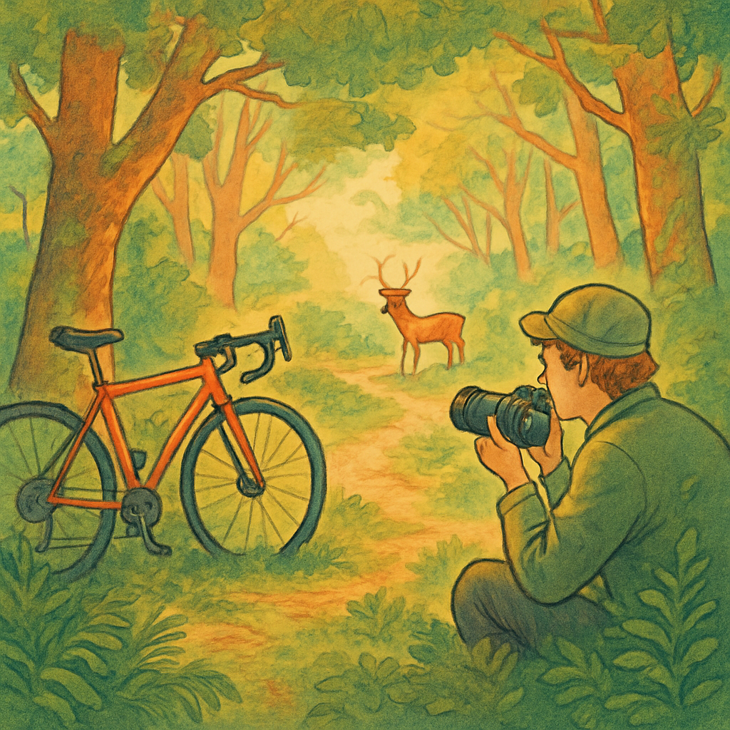 Een natuurfotograaf observeert subtiel een hert in een kleurrijk, weelderig bos, met een gravelbike naast zich. De sfeer is rustig en respectvol, wat de ethische benadering van fotografie en de diepe verbinding met de natuur benadrukt.