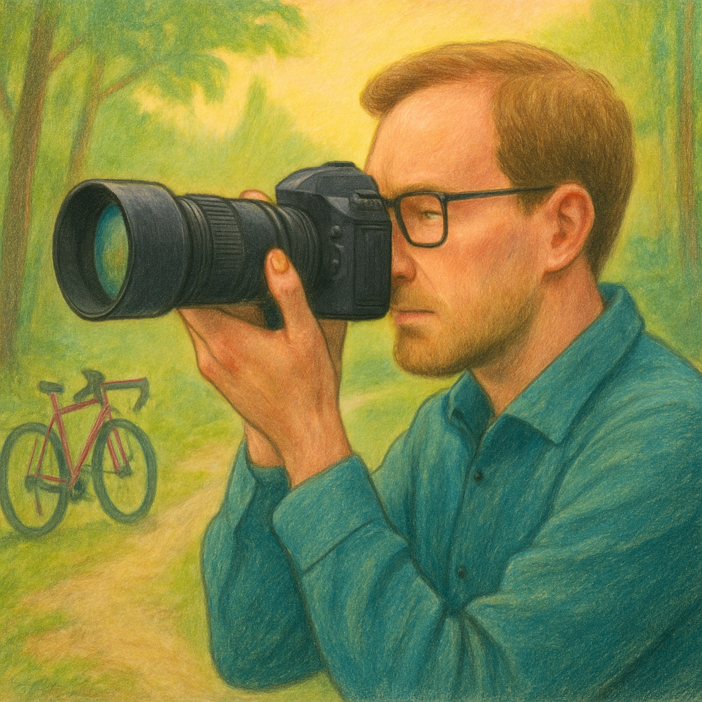 Illustratie van een persoon met een camera, kijkend naar het landschap. Op de achtergrond is subtiel een gravelbike en een bospad te zien, wat de connectie tussen fotografie en fietsen benadrukt.