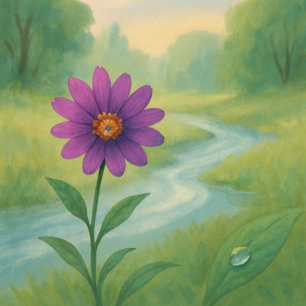 Een kleurrijke, gedetailleerde tekening van een vredige natuurscène. Een bloem op de voorgrond is haarscherp, met een onscherpe bosachtergrond. Een beekje toont vloeiende bewegingsonscherpte, terwijl een druppel op een blad kristalhelder is. Het geheel is verlicht door zacht, natuurlijk licht, wat rust en diepte uitstraalt.
