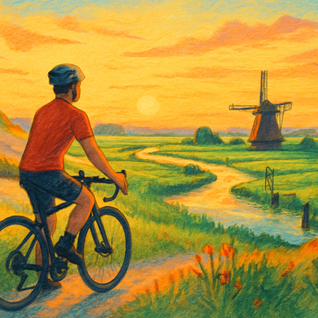Een kleurrijke tekening van een fietsende persoon op een gravel bike die uitkijkt over een Nederlands polderlandschap bij zonsopgang. Een molen staat in de verte, terwijl de zon de lucht in warme, gouden tinten kleurt.