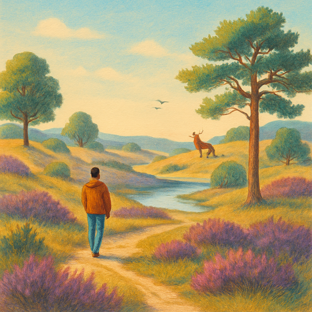 Een kleurrijke tekening van een uitgestrekt en rustig Nederlands nationaal parklandschap. De scène toont glooiende heidevelden met verspreide bomen, een heldere lucht en in de verte een menselijke figuur op een pad, genietend van de natuurlijke schoonheid en kalmte.