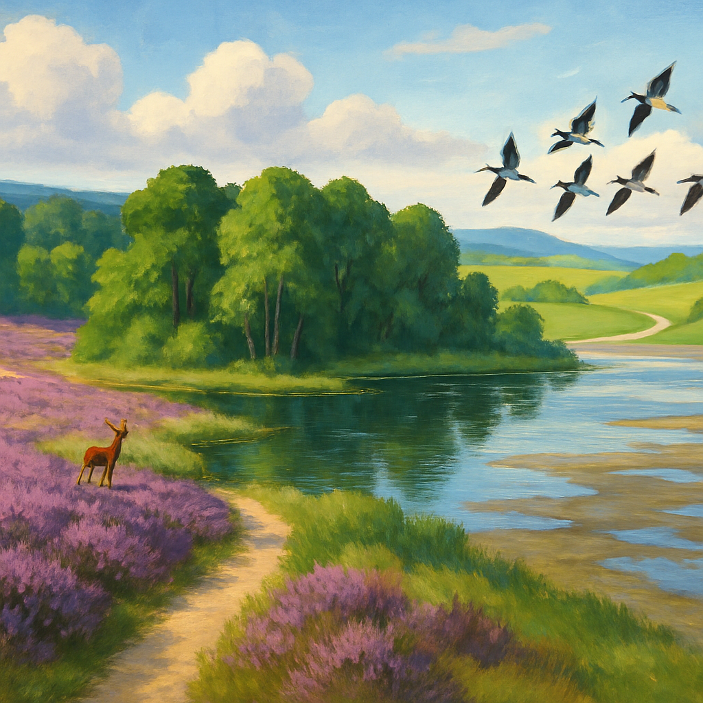 Een kleurrijke, getekende collage van diverse Nederlandse landschappen: paarse heide met een zandpad, een rustig ven omringd door bos, de uitgestrekte Waddenzee met vogels, en glooiende groene heuvels.