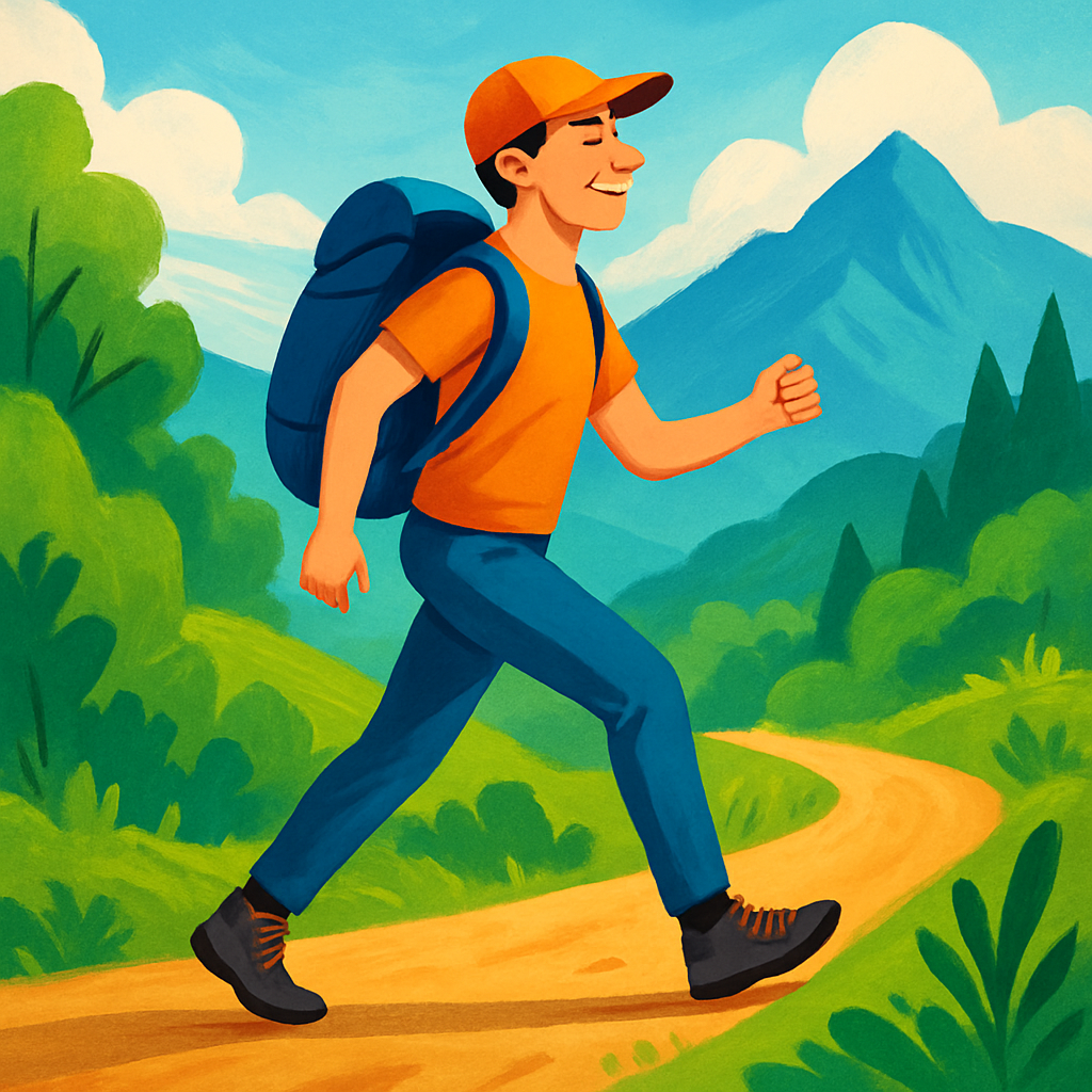 Een tekening van een energieke wandelaar met een perfecte houding op een bergpad, omringd door natuur, als symbool voor geoptimaliseerde wandelprestaties.
