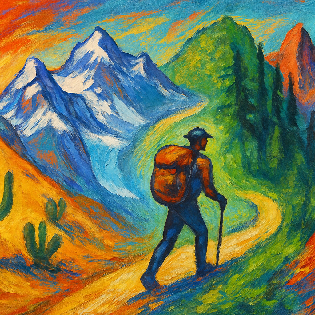 Een kleurrijke, abstracte illustratie van de Pacific Crest Trail die de overgang van een zonnige woestijn naar besneeuwde bergen, dichte groene bossen en ruige, rotsachtige pieken in Washington toont, met een kleine hikerfiguur die de lange tocht symboliseert.