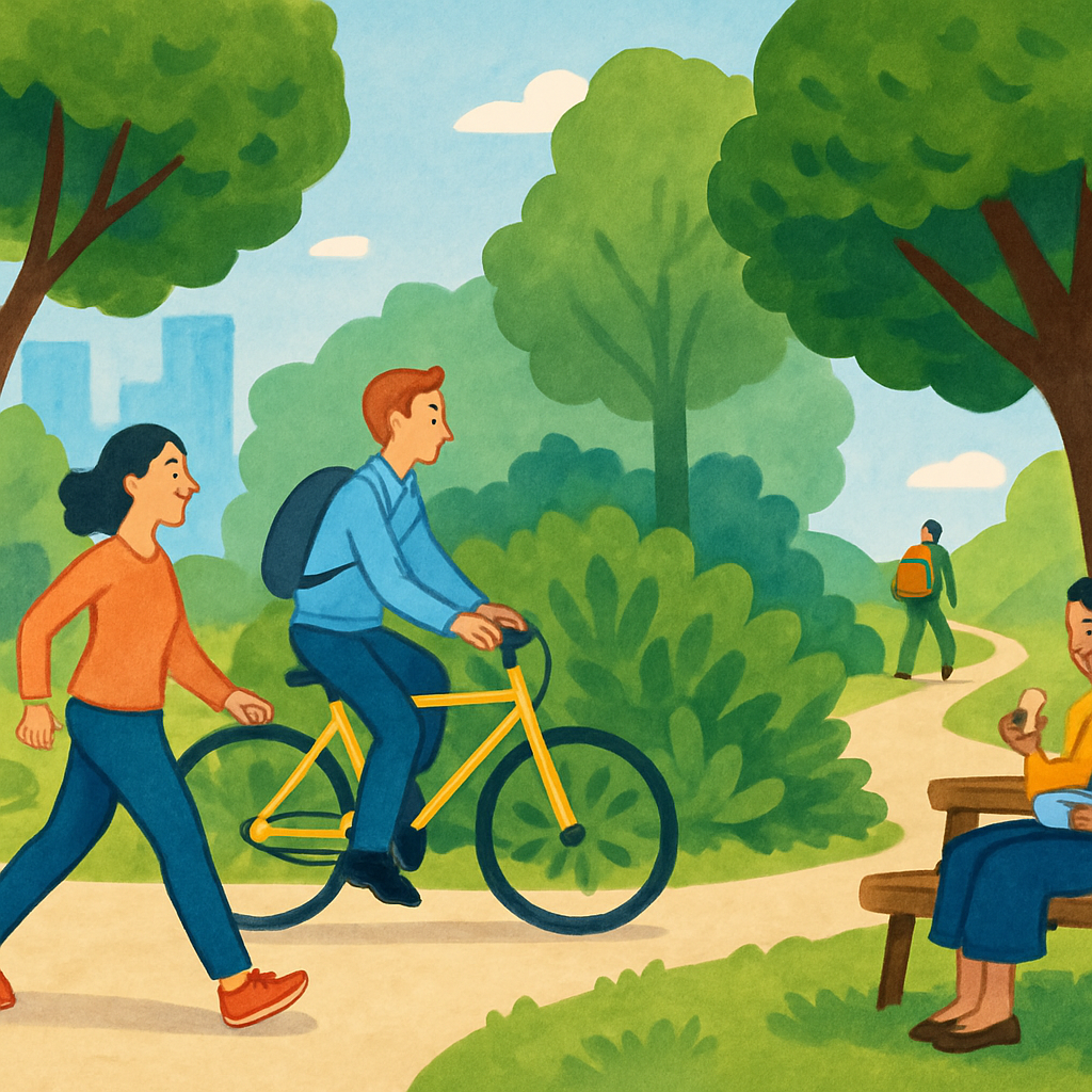Een kleurrijke tekening van mensen die de natuur integreren in hun dagelijks leven: iemand wandelt in een park, een ander fietst naar het werk langs groen, en een derde luncht buiten onder een boom, terwijl op de achtergrond iemand wandelt in een natuurgebied.