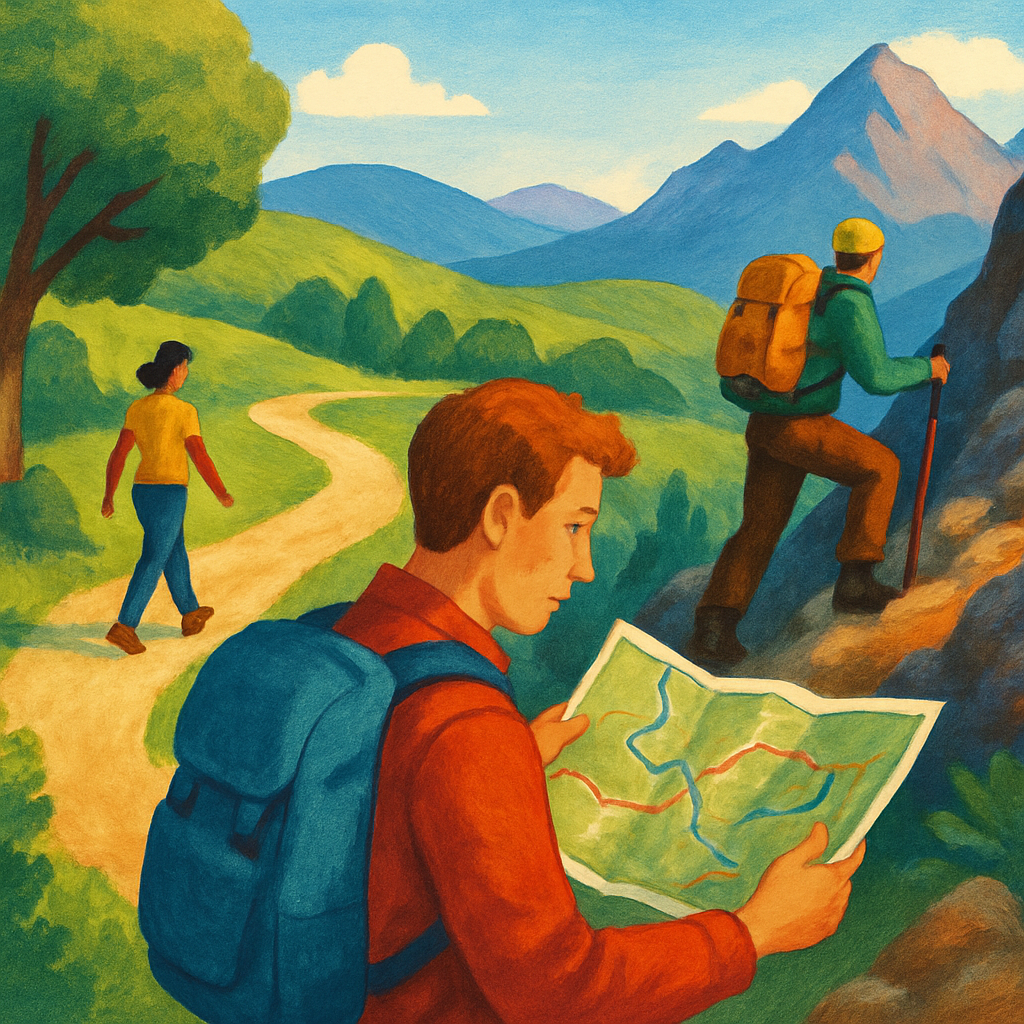Een kleurrijke illustratie van diverse wandelroutes, met een persoon die op een kaart kijkt, een rustige parkwandelaar en een avontuurlijke bergbeklimmer, omringd door verschillende landschappen zoals bossen en bergen.
