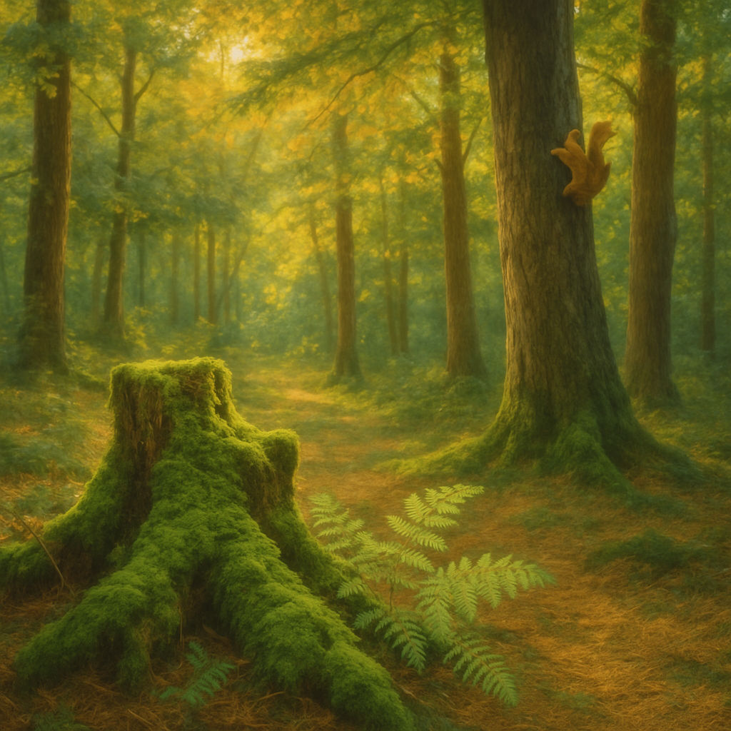 Een kleurrijke tekening van een kalm bos, met zonlicht dat door bladeren valt, levendig groen mos op een boomstronk, en varens. Een eekhoorn klimt in een boom.