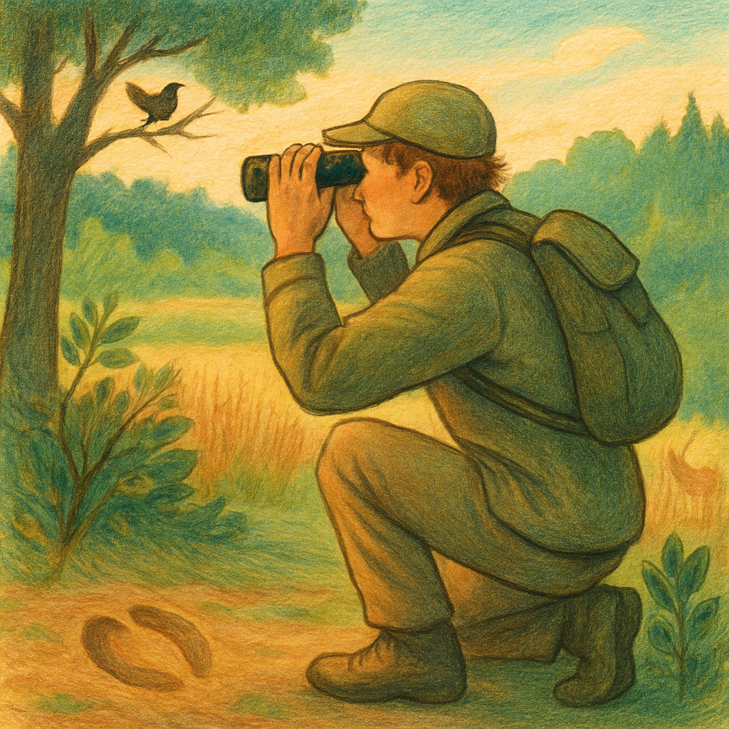 Een tekening van een persoon met een verrekijker in een natuurlijke omgeving, op zoek naar wilde dieren. Er zijn subtiele aanwijzingen van dieren aanwezig, zoals sporen en silhouetten, wat het belang van techniek en observatie benadrukt.