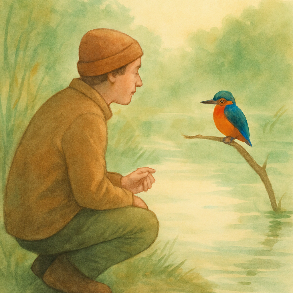 Een serene illustratie van een persoon in aardekleuren die geduldig een kleine, kleurrijke vogel observeert bij de waterkant, met op de achtergrond zacht groen struikgewas. De scène benadrukt rust en focus op de natuur.