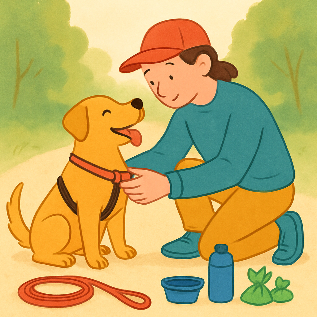 Een illustratie van een persoon die zorgvuldig het tuigje van een vrolijke hond controleert. Er liggen essentiële spullen zoals een riem, drinkbak en poepzakjes klaar voor de wandeling. De omgeving suggereert een natuurlijke wandelroute.
