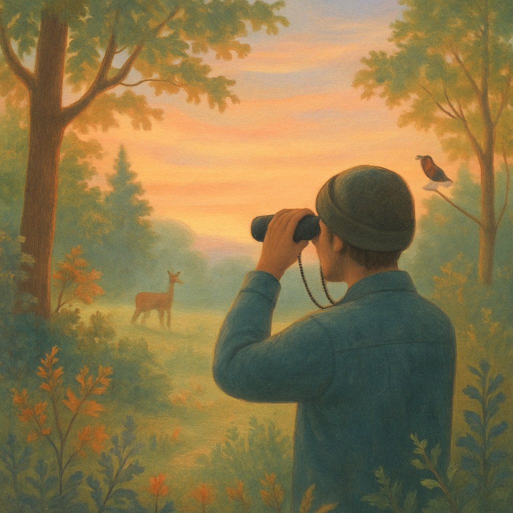Een rustige, kleurrijke tekening van een boslandschap tijdens het gouden uur. Een persoon observeert discreet de omgeving met een verrekijker, omringd door gedetailleerde planten en een vogel in de verte, wat geduld en respect voor de natuur symboliseert.